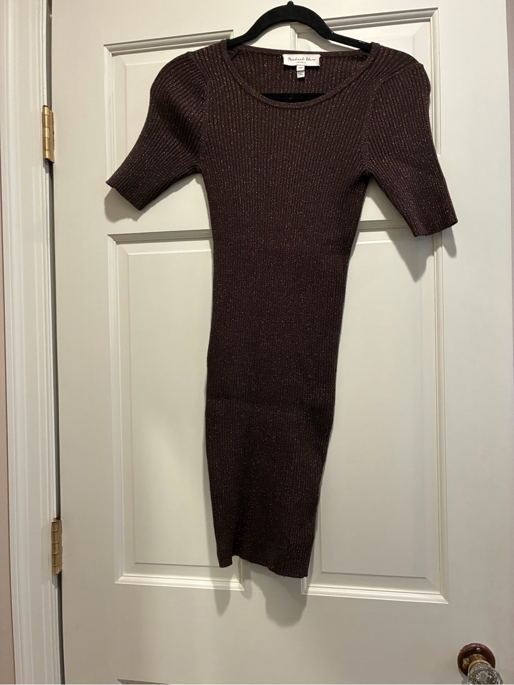Michael Stars Brown/gold shimmer Ribbed Knit Short Sleeve Dress